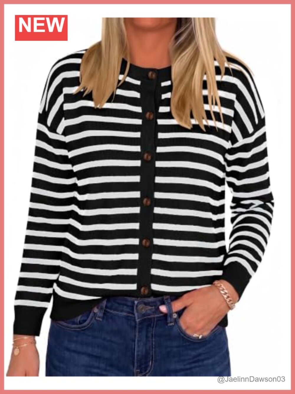 Striped Knit Cardigan Sweater Round Neck Button Down Long Sleeve Outwear Top